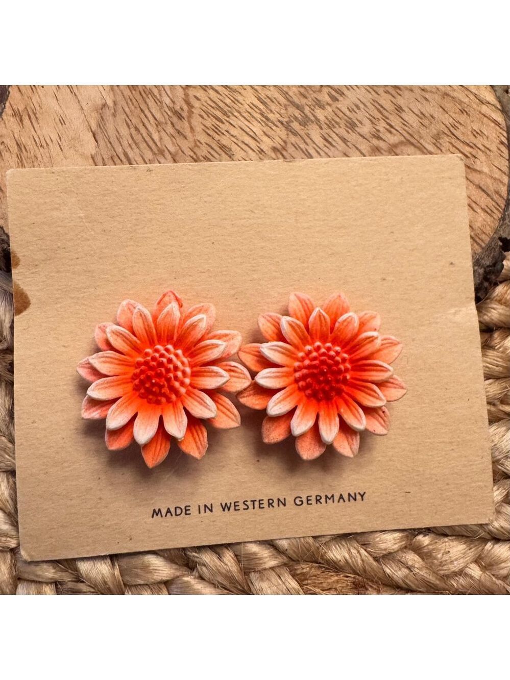 1950’s Vibrant Peachy Orange MCM Made in Western Germany Flower Clip On Earrings